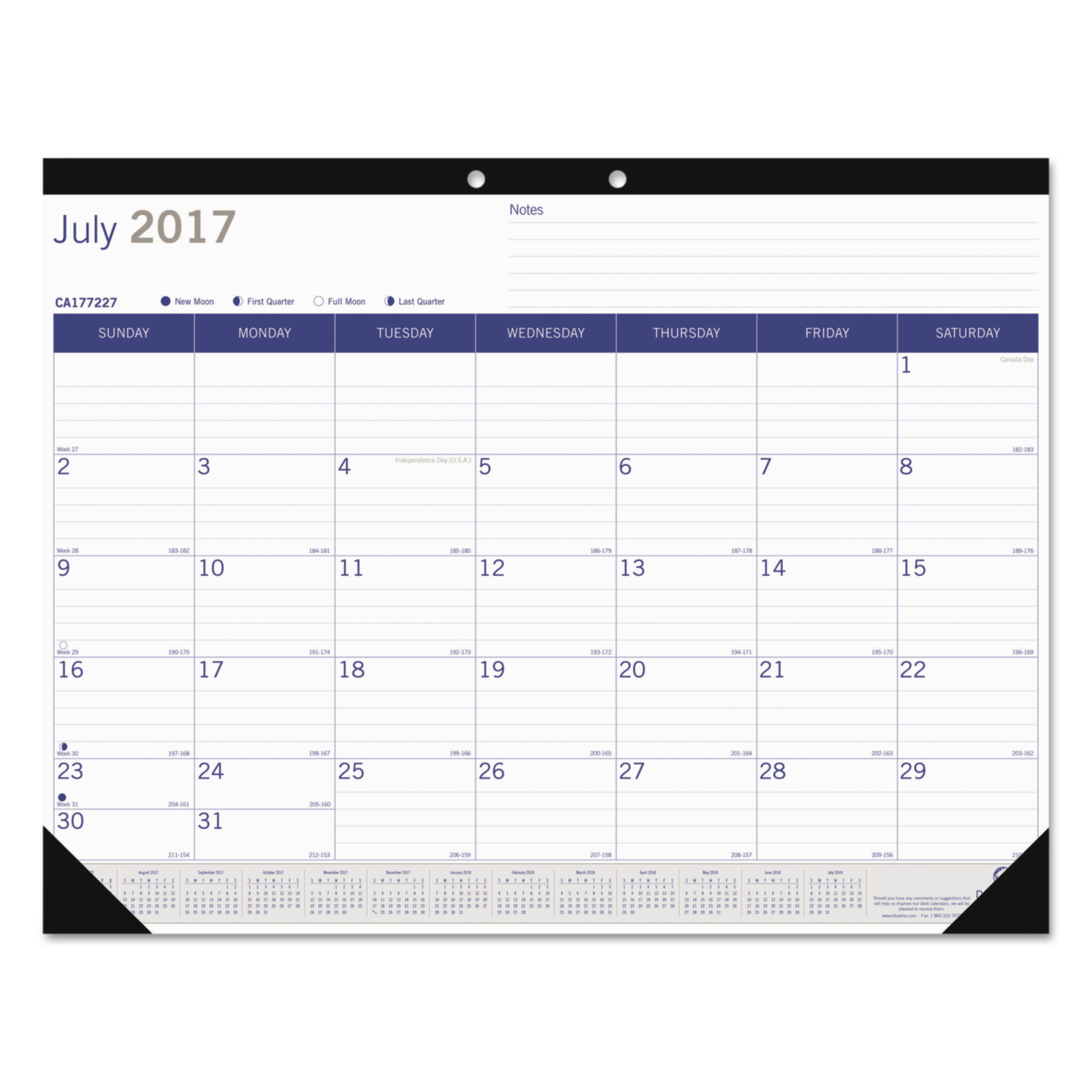 Blueline Academic Desk Pad Calendar, 22 x 17, White/Blue/Gray, 2017