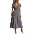thumbnail image 6 of Nxznwn Women's Summer Short Sleeve Long Dresses Casual Wrap V-Neck Smocked Elastic Waist A-Line Flowy Party Dress, 6 of 9