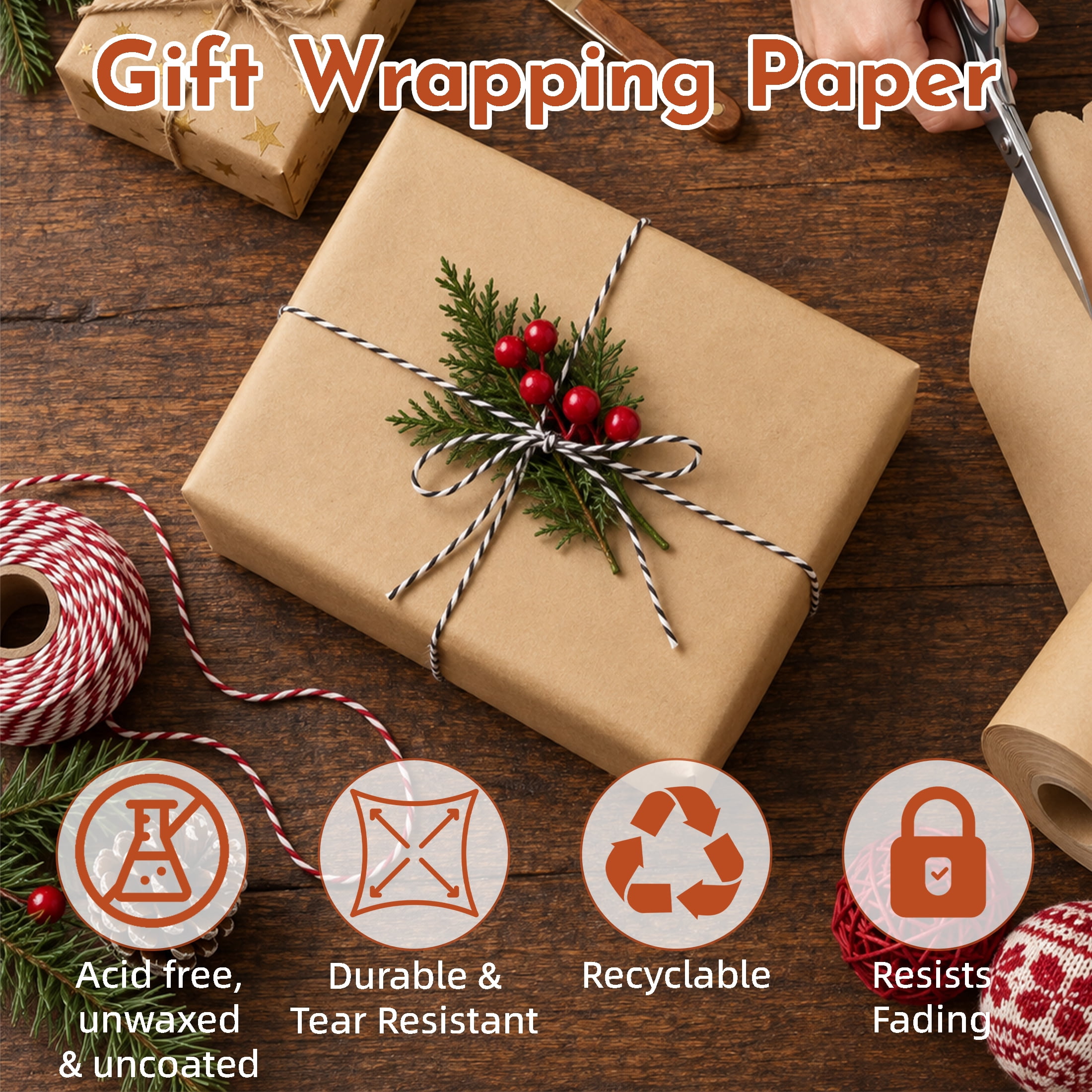 GARITIN Brown Kraft Paper Roll, 18 Inch × 100 Feet, Uncoated Acid‑Free Wrapping Paper, Recyclable Brown Wrapping Paper for Gift Wrapping, Shipping, Packing, DIY Crafts