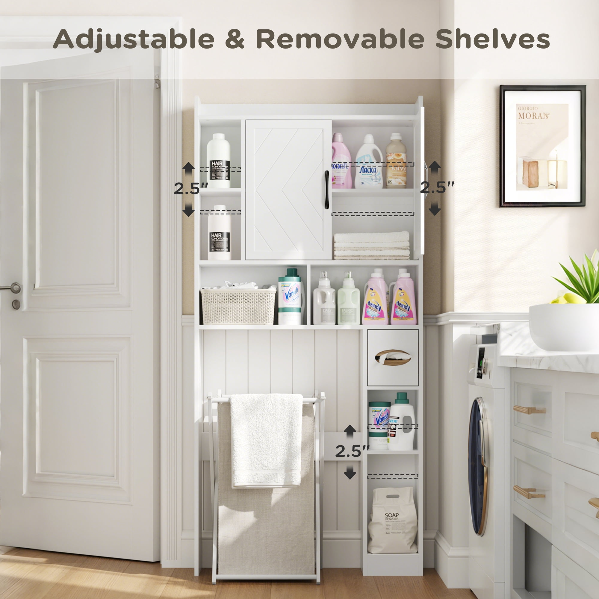 DIYART 67.8" H Over The Toilet Storage Cabinet with Adjustable Shelves & Toilet Paper Holder, Farmhouse Over Toilet Bathroom Organizer, Double Door Toilet Cabinet for Bathroom, and Laundry, White