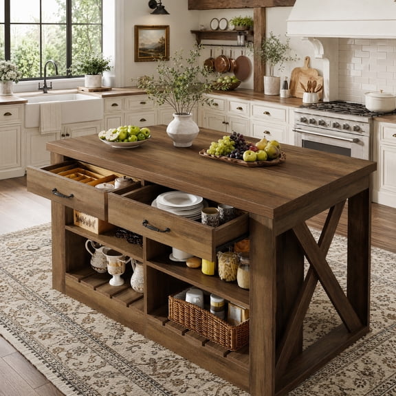 Fnova 55" Kitchen Island with Storage and Leg Room, Farmhouse Stationary Island Table with 2 Drawers & Open Shelves, Brown