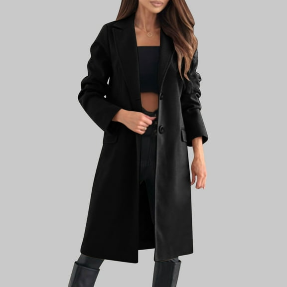 HAPIMO Long Trench Coat for Women Casual Comfy Long Sleeve Lapel Jacket Solid Button Down Outerwear Fall Winter Stylish Overcoat Black M