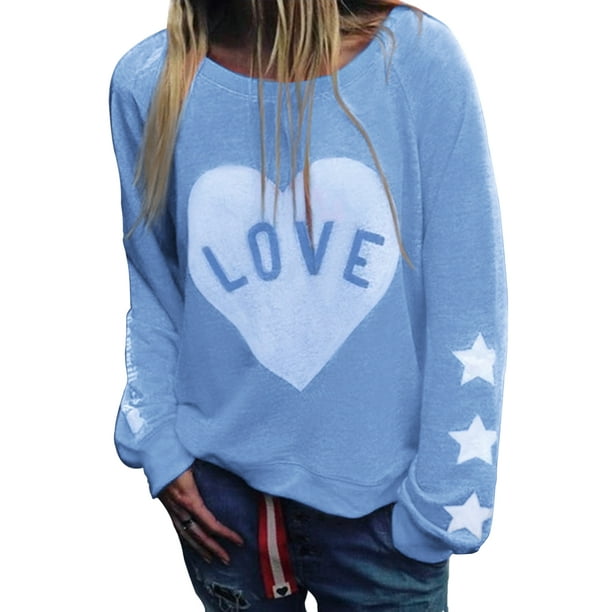 Womens Autumn Winter Casual Love Heart Print Long Sleeve Pullover Sweatshirt Tops Round Neck 9838