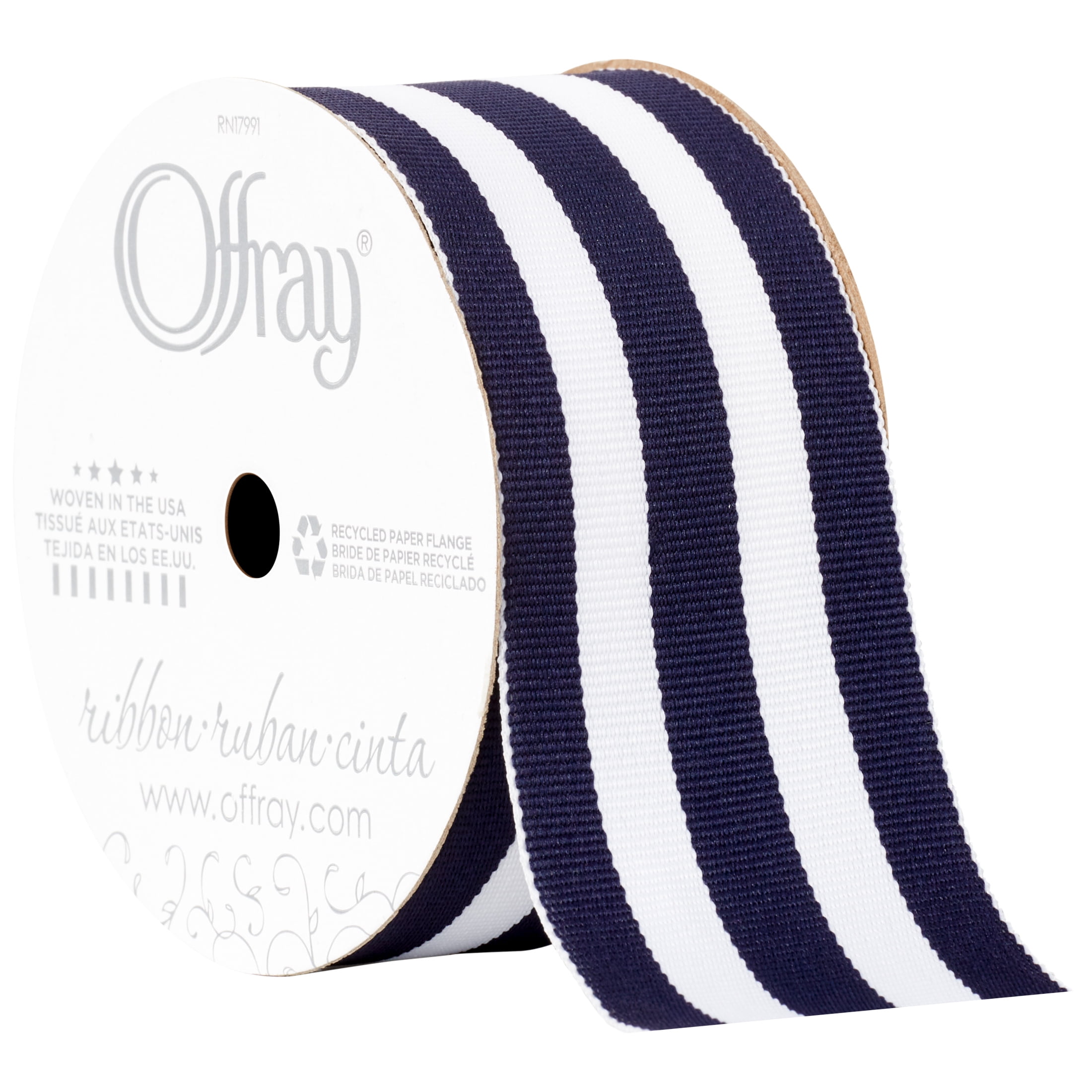 Offray Ribbon, Navy and White Stripes 1 1/2 inch Grosgrain Ribbon, 9 feet