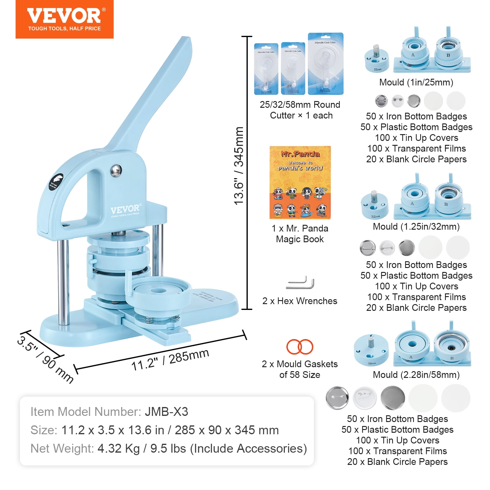 VEVOR 3-IN-1 Button Maker, 1/1.25/2.28 inch(25/32/58mm) Pin Maker, 300pcs Button Parts, Button Maker Machine with Panda Magic Book, Ergonomic Arc Handle Punch Press Kit, For Children DIY Gifts, Blue