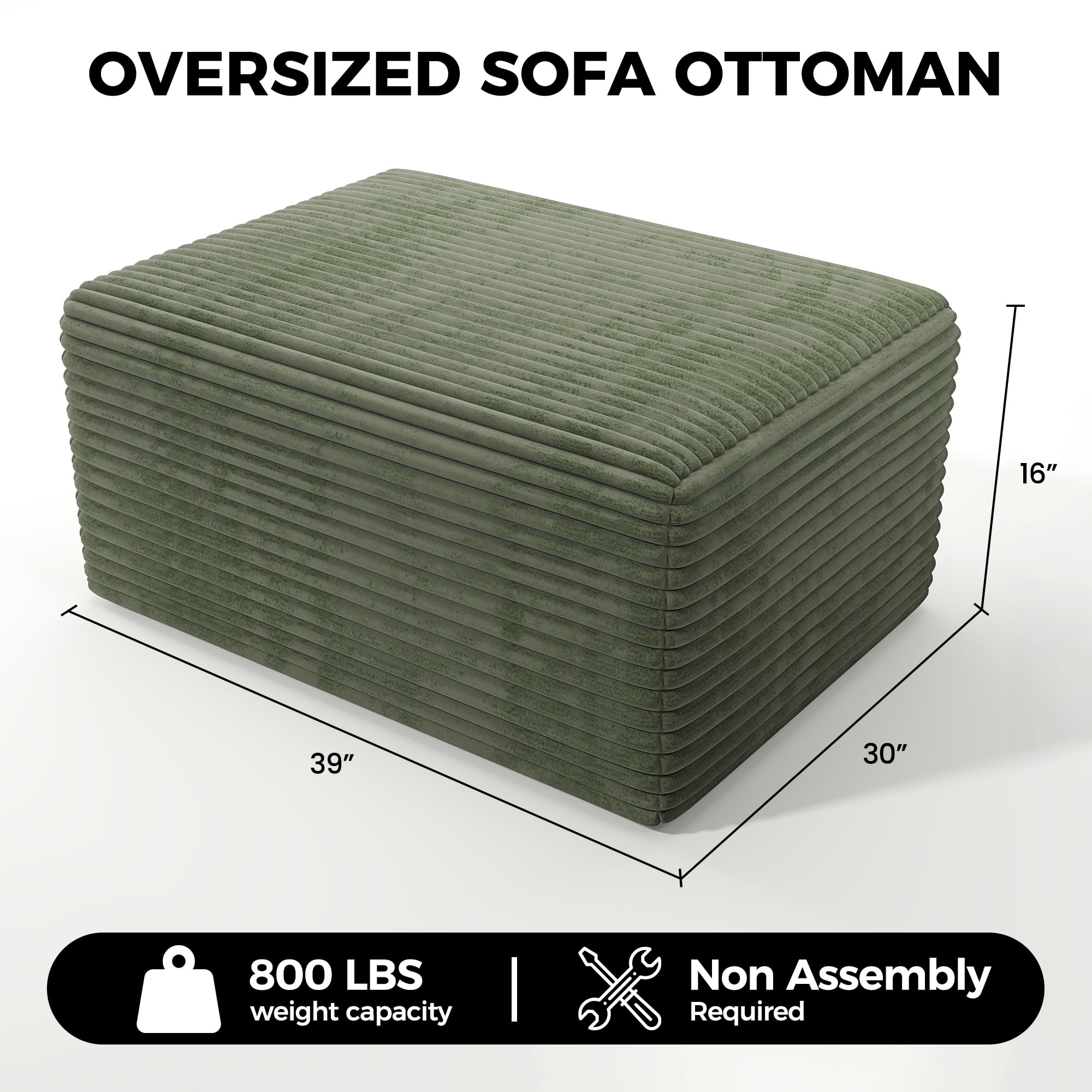 Large Oversized Ottoman Bench for Living Room, Extra Seating & Coffee Table for Sofa, Plush Corduroy Pouf Footrest, No Assembly Needed, Rectangle Floor Ottoman, (Sage Green)