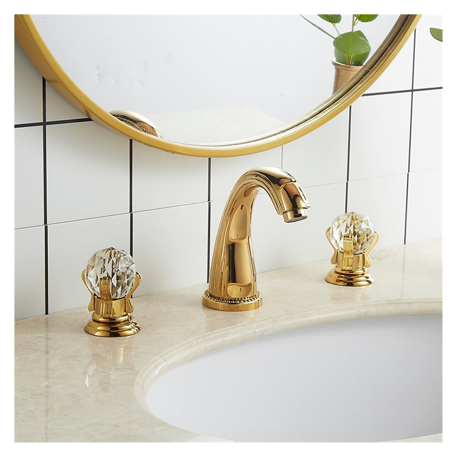 Basin Faucet Gold Bathroom Sink Faucet 3 Hole Widespread Basin Mixer Hot And Cold Brass amd Crystal Water Tap New ,Easy to Use