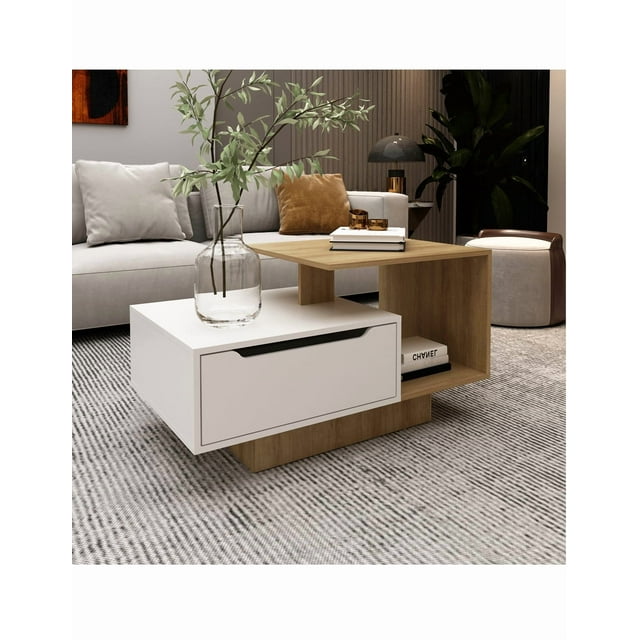 Mesa de Centro Con 1 Cajón Moderna Color Almendra-Blanco