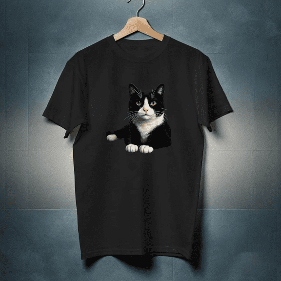 Tuxedo Cat Green Eyes Artistic Feline Portrait Graphic Unisex T-Shirt, up to size 5XL