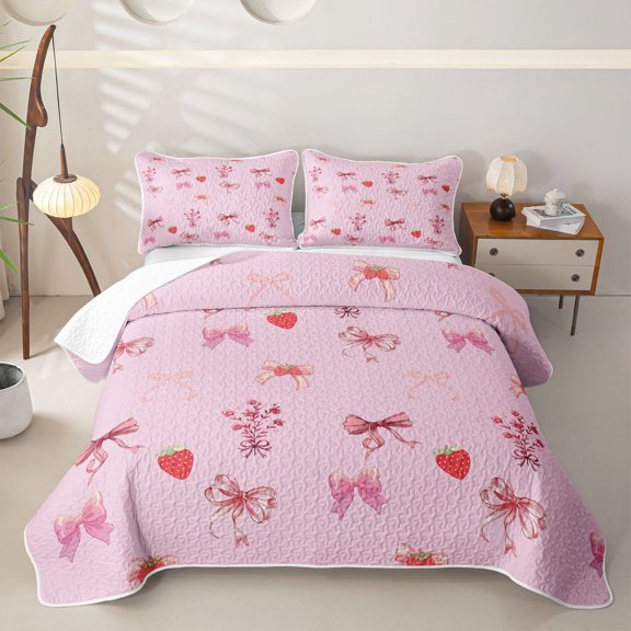Erosebridal Kawaii Red Strawberry Twin Quilt Set for Girls,Cartoon Floral Bow Knot Twin Coverlet Set Teens