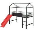 thumbnail image 2 of Bellemave Twin Size Metal Loft Bed Frame with Slide, House Bed With Roof & Two-sided writable, Twin House Bed with Storage, No Box Spring Needed, Black and Red, 2 of 9