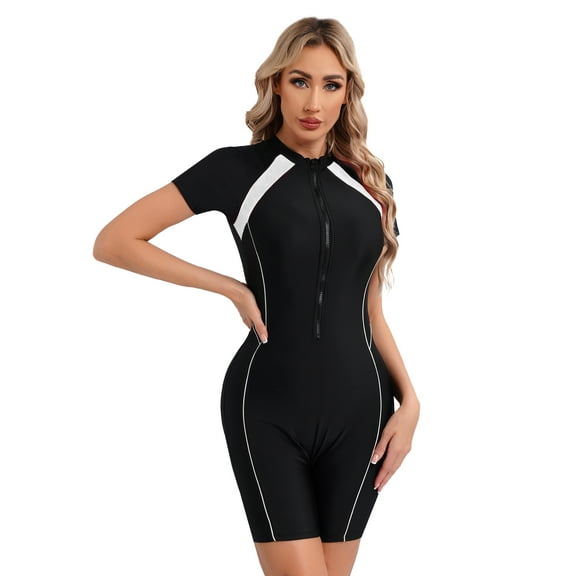 iEFiEL Womens Athletic One-Piece Swimsuit Zipper Short Sleeve Rash Guard Shirt Beach Bathing Suit Surf Swimwear Black White XXL