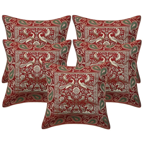 Stylo Culture Indian Couch Throw Pillow Covers 16x16 Jacquard Maroon Gold Traditional 40cm x 40cm Home Decor Brocade Peacock Zippered Square Cushion Covers | Set Of 5