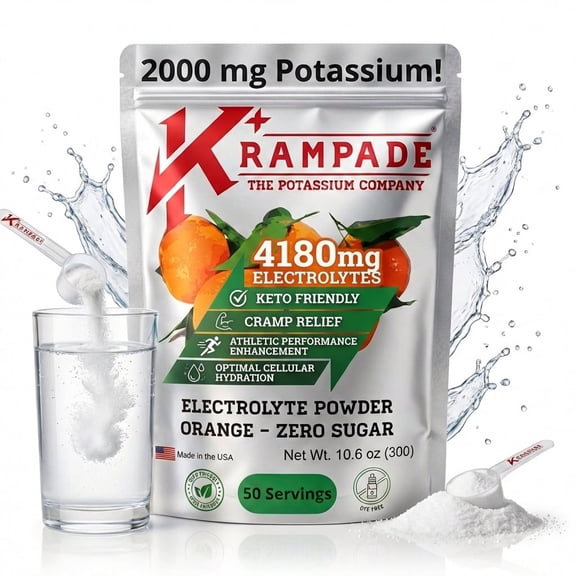 Krampade High Potassium Electrolytes Powder Zero Sugar Orange Flavor, 50 Servings
