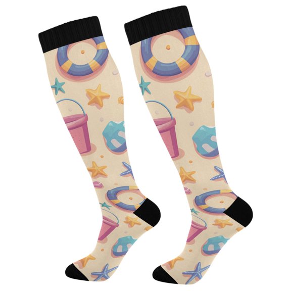 FORMRS Womens Knee High Socks Casual Long Thick Travel Daily Wear, 1 Pair, Blue Beach Toys Pattern
