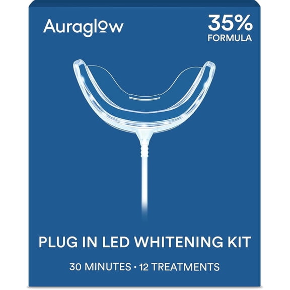 Auraglow Plug-in LED Teeth Whitening Kit – Wired Light Device – 35% Carbamide Peroxide Gel – 12 Treatments – at-Home Tooth Whitening System – Enamel-Safe at-Home Whitening for Coffee & Tea Stains
