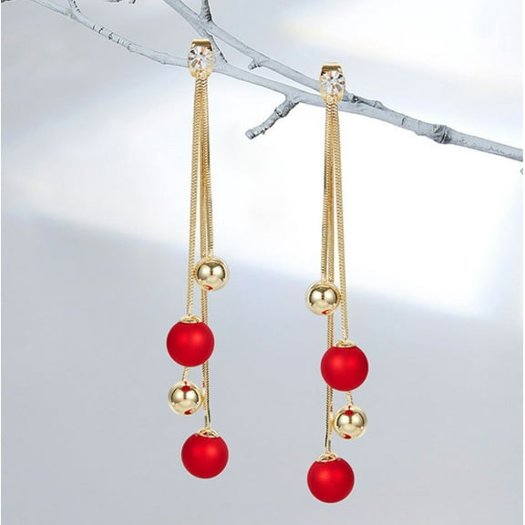 Goldtone & Red Chain Ball Drop Earrings