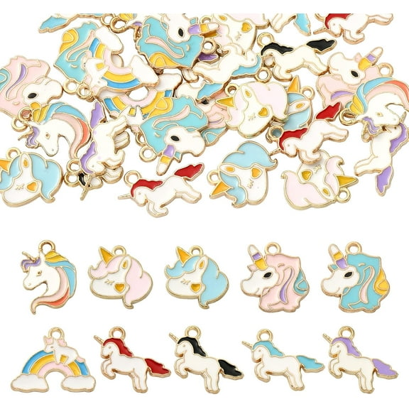 40Pcs 10 Style Unicorn Charms Alloy Enamel Kawaii Unicorn Pendants Metal Dangle Animal Rainbow Cloud Lucky Charms Bulk for DIY Jewelry Keychain Crafts Making