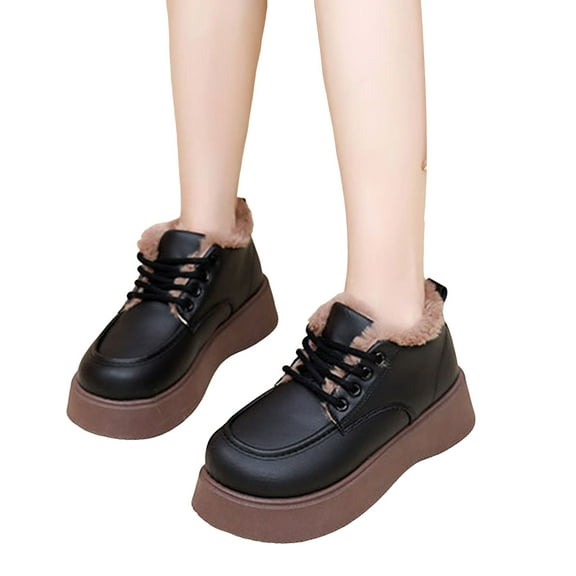 Womens Platform Snow Boots Low Top Waterproof Leather Lace up Furry Lined Round Toe Winter Booties Dress Shoes Black 5.5