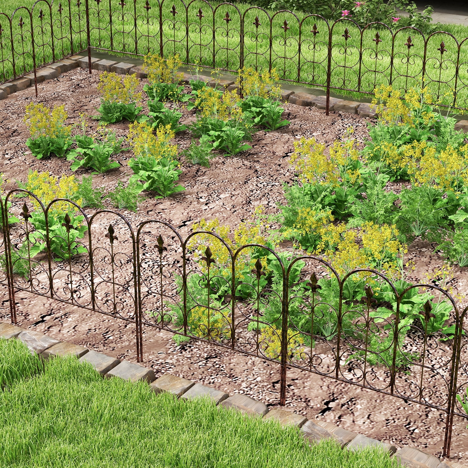 Kinbor 5 Panels Decorative Garden Fence Border, 31.7in (H) x 10ft (L) Metal Garden Fencing Animal Barrier for Dogs, Black Gold