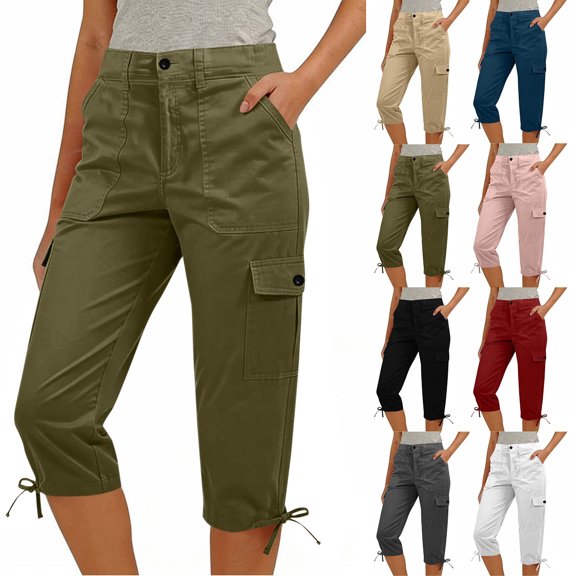 Cekizud Capri Pants for Women High Waisted Relaxed Fit Elastic Waist Casual Capris Trousers,Sizes S-2XL