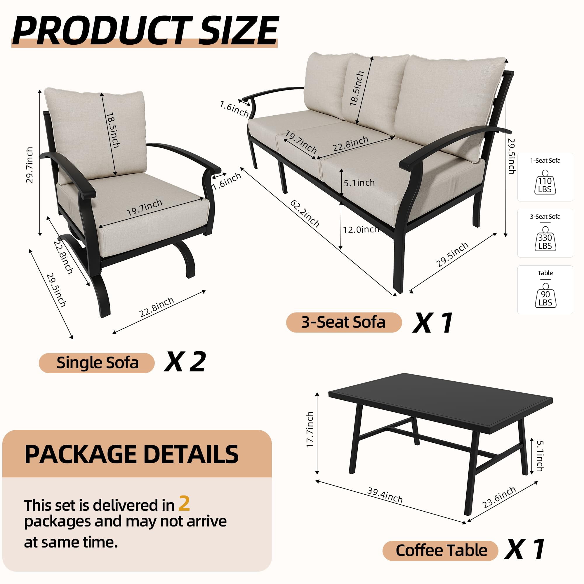 Gotland Metal Patio Furniture Set 5-Seat Modern Metal Bistro Set Outdoor Conversation Sets, 2 Piece Patio Rocker Chairs with Thick Cushion and Coffee Table for Garden Backyard Deck Lawn, Sand