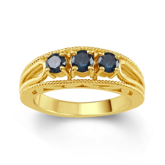 Gold Over Sterling Silver with 1/2 CTTW Natural Blue Diamond Three Stone Promise Ring