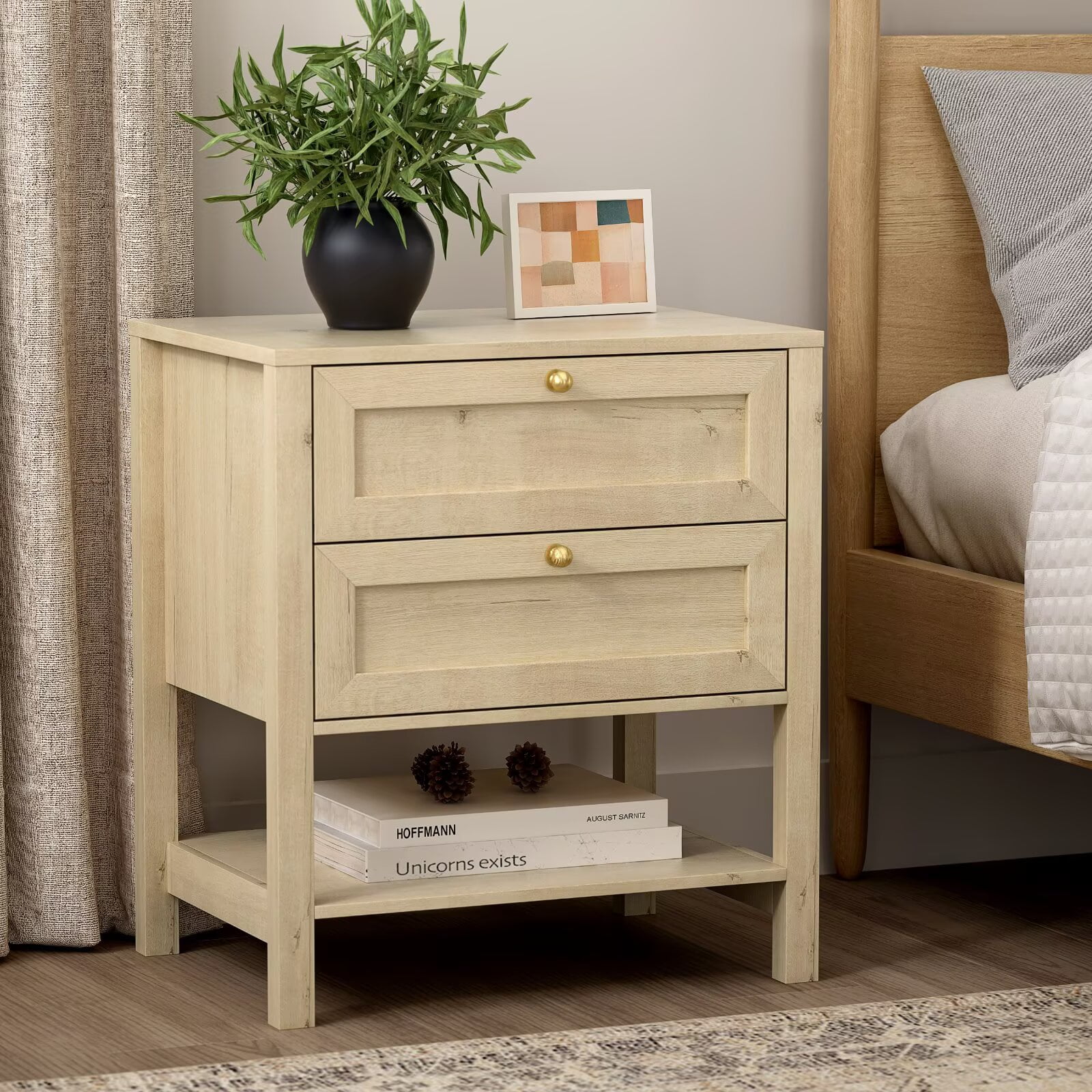EYYTHUNG Farmhouse Nightstand Set of 2 with Drawer 24.4" Tall Modern Wood Bedside Table with Open Shelf, Large End Table, Light Oak