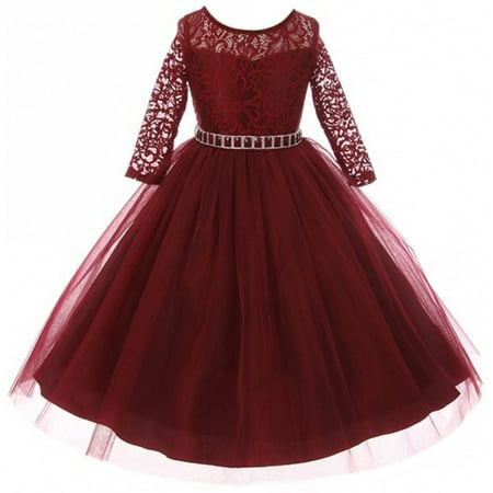Big Girls' Dress Lace Top Rhinestones Tulle Holiday Christmas Party Flower Girl Dress Burgundy Size 8 (M37BK2)