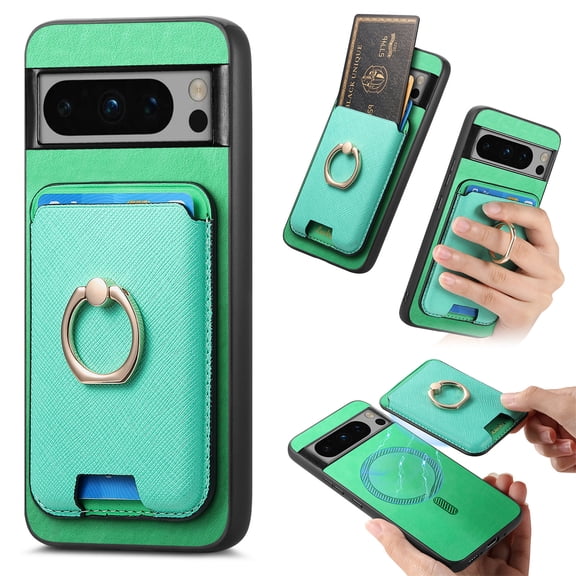 Dteck for Google Pixel 9 Pro XL Case with Detachable Wallet Credit Card Holder, 2-in-1 Shockproof Magnteic Ring Stand PU Leather Case for Women for Men, Green