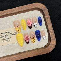 Vibrant Vacation Press On Nails for Women Almond Medium Joyful Hawaiian Pattern in Rainbow Colors Acrylic Handmade Nail