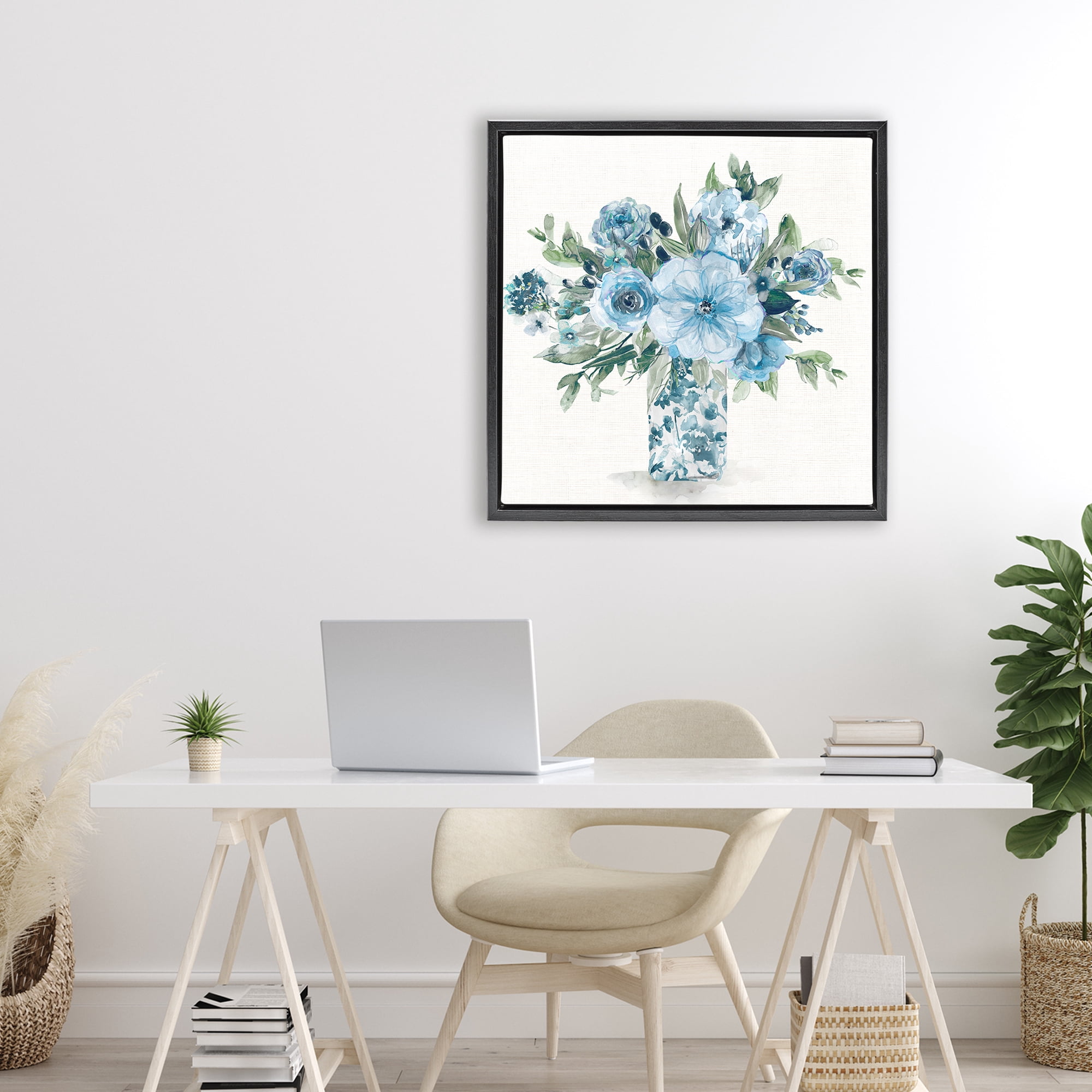 Stupell Industries Pastel Blue Bouquet Foliage Black Framed Floater Canvas Wall Art, design by Carol Robinson