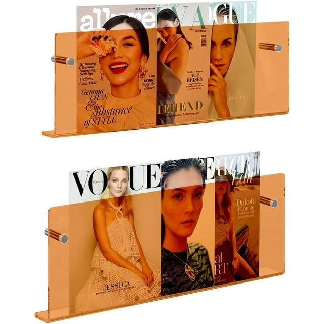 JOTNGDJBN 2 Pack Acrylic Magazine Holder,Orange Wall Mounted Magazine Rack Floating Bookshelf for Office,Living Room, Waiting Room Vinyl Record,Book Display Rack(Orange,17 Inch)