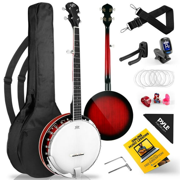 Pyle 5 String Resonator Banjo Starter Kit Full Size 24 Bracket Geared 5th Tuner W/ Remo Drum, White