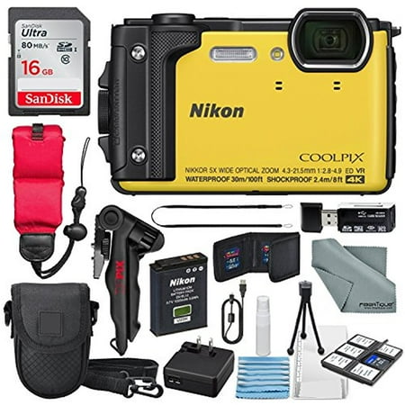 Nikon Camera With Wifi Nikon COOLPIX W300 Digital Camera (Yellow) w/ WiFi and Adventure Bundle with 16GB + Case + Deluxe Starters Kit + Floating Strap + FiberTique Cleaning Cloth + More ()