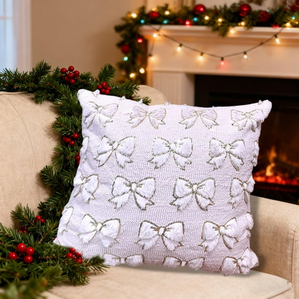 Funda de moño de lentejuelas - Cojín de poliéster acolchado y mullido • Funda decorativa de sofá de 44x44cm rojo, blanco verde rosa • Acento navideño suave y duradero