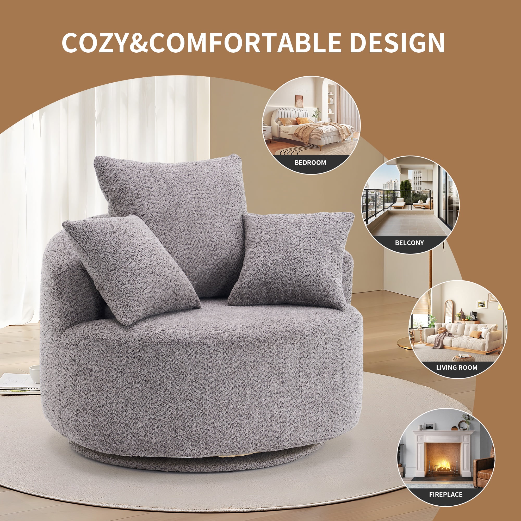 PORKISS Oversized Swivel Accent Chair Barrel Chair, Crochet Yarn Upholstered Armchair with 3 Pillows, Round Armchair Leisure Sofa Chair for Living Room Office Lounge Hotel, Gray