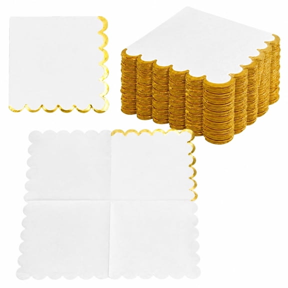 160 Count Disposable Paper Napkins, Gold Foil Trim Scalloped Cocktail Napkins for Banquet, Anniversary and Daily Use