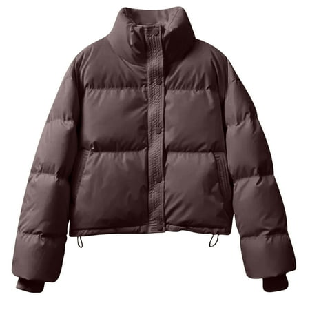 HAPIMO Women s Cropped Hooded Jacket Fall Winter Thickened Warm Coat Long Sleeve Stand Collar Quilted Zip Up Jacket Oversize Trendy Solid Pocket Outerwear Coats Coffee M