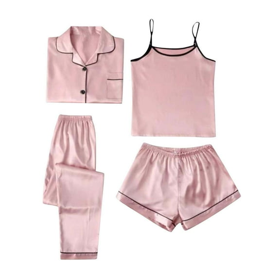 Seductiva Summer Sleepwear Shirt 4Pcs Women Satin Silk Sleepwear Pajama Set Long Sleeve Button Down Loungewear