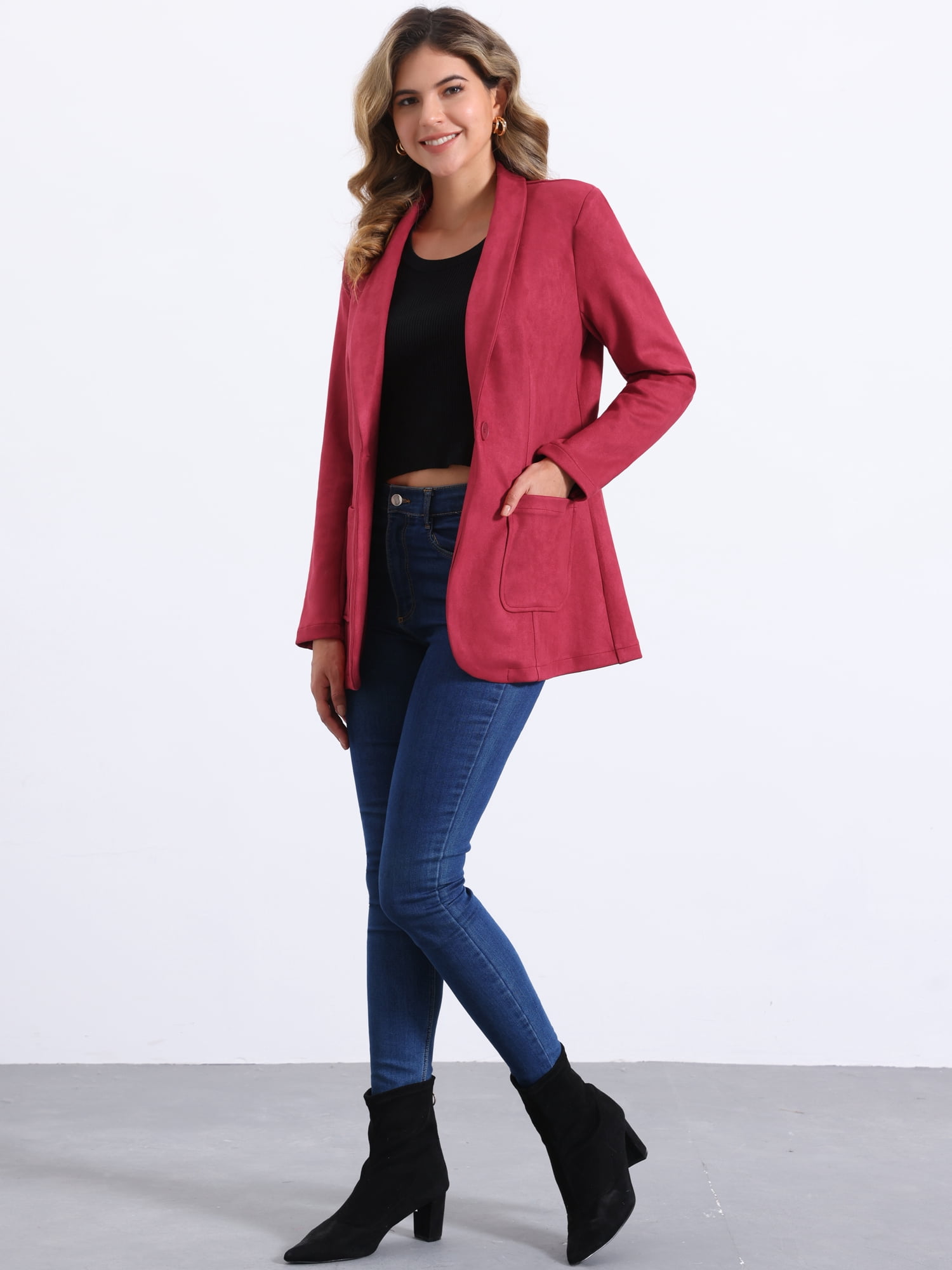 DARING DIVA Women's Faux Suede Lapel Collar One Button Dressy Suit Jacket M Red