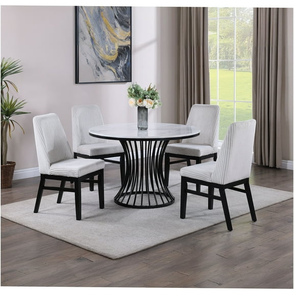 JERFIT 5-Piece Modern Dining Set with Faux Marble Table and Upholstered Chairs, White and Black