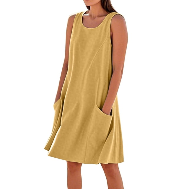 Vestido sin mangas estampado de lino para mujer: largo hasta la rodilla, estampado floral, bolsillos, ropa de verano para la playa.