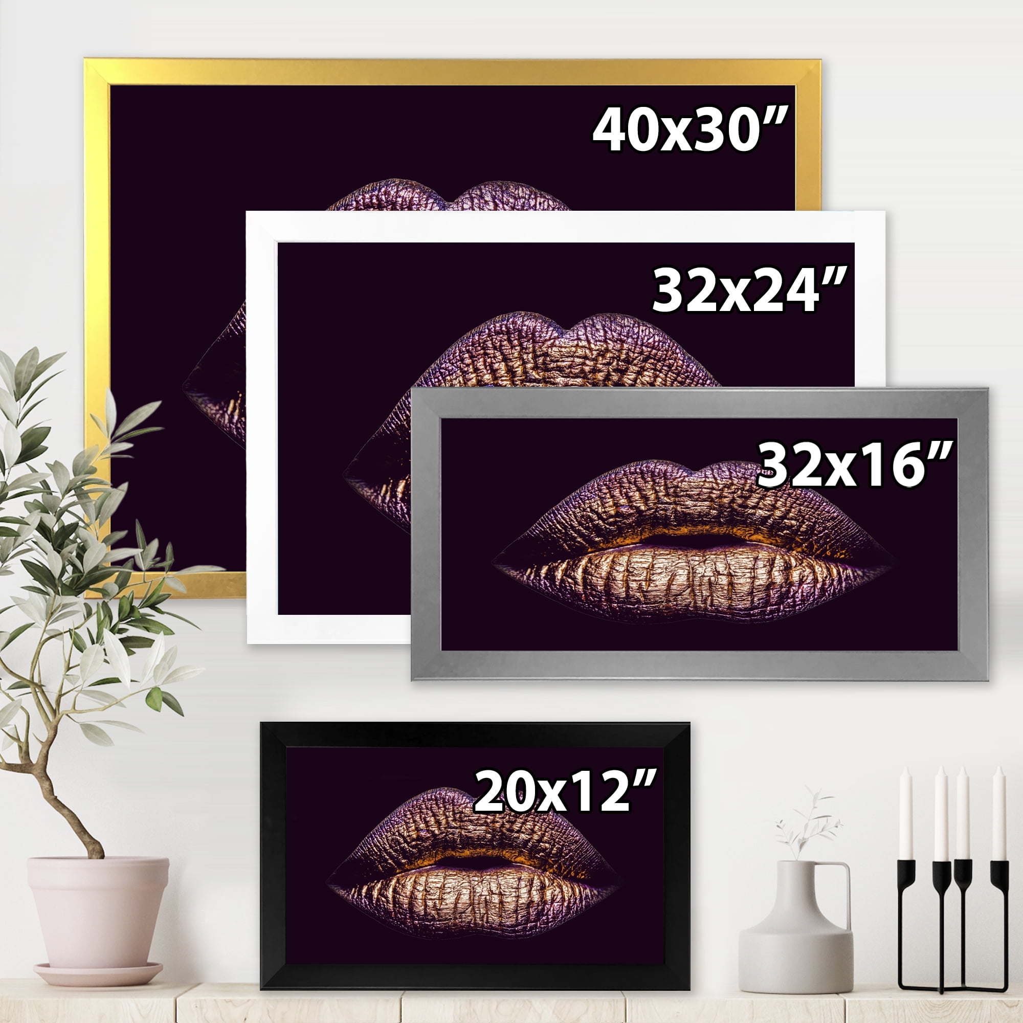 Designart 'Sexy Golden Metallized Woman Lips III' Modern Framed Art Print