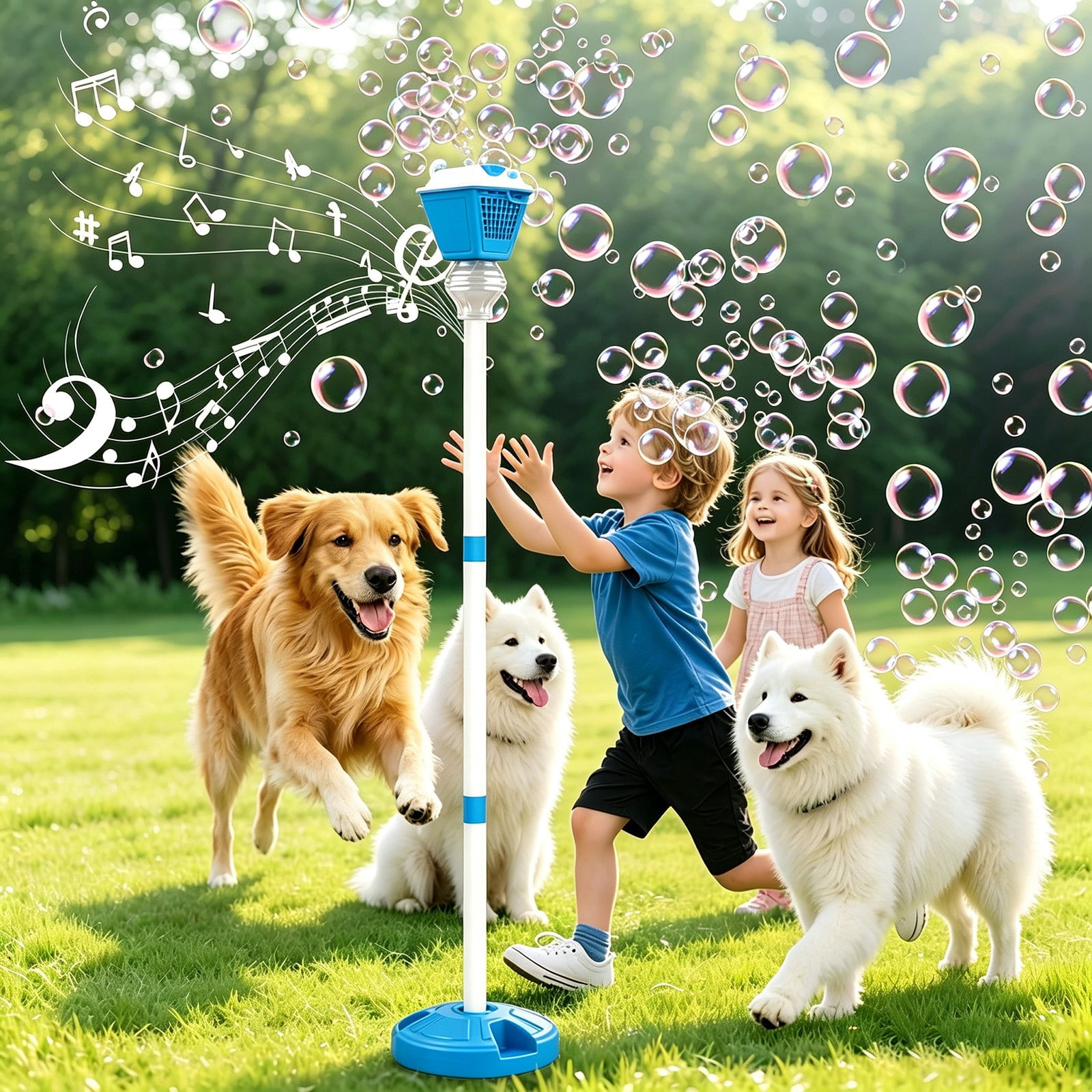 Bubble Machine, Rechargeable Standing Automatic Bubble Blower Maker with Lights and Music, Detachable Bubble Torch for Outdoor Wedding Party Decor, Adjustable Height, Bubble Solution Included, Blue