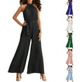thumbnail image 2 of Caitzr Women's Sexy Summer Jumpsuit Sleeveless Halter Back Keyhole Waist Bandage Pleated Wide Leg Palazzo Pants Romper, 2 of 7