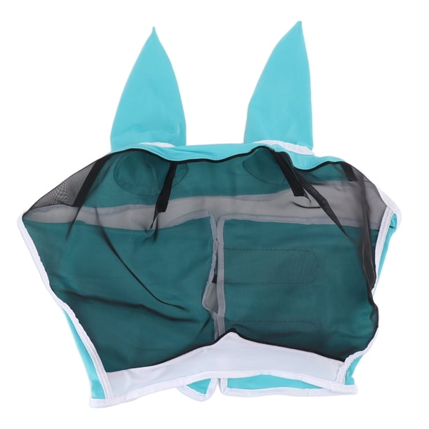 Máscara para moscas de caballo, malla redonda, transpirable, elástica, protección UV, máscara facial para caballo con orejas, azul, S 42 x 35 cm/16,5 x 13,8 pulgadas