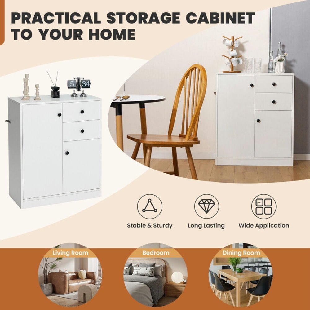 Finihen Storage Cabinet, Floor Cabinet, 2-Door Free-standing Kitchen Sideboard with Adjustable Shelves, for Bathroom, Living Room, Bedroom, Kitchen, White
