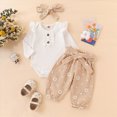 thumbnail image 2 of TOWED22 Baby Girl Outfits 3pc Clothes Set Fall Winter Long Sleeve Round Neck Print Bodysuit Romper + Bell Bottom Pants Headband Jumpsuit Set(Khaki,18-24 M), 2 of 9