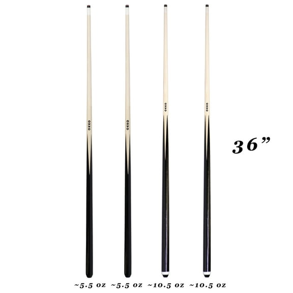 OKKO 1-Piece Pool Billiard House Bar Short Cue Sticks 36”, Screw-On Tip, Pack of 4, ~5.5 oz and ~10.5 oz